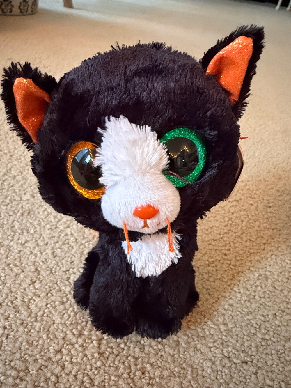 Ty Black Plush Cat with Green & Gold Glitter Eyes and Orange Accents
